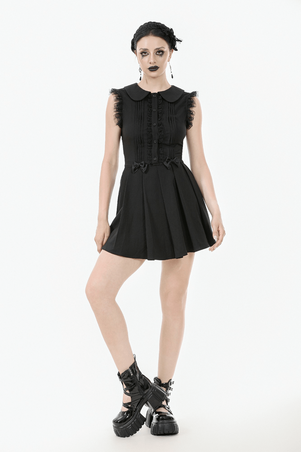 Black Gothic Sleeveless Dress with Lace Trim and Bows
