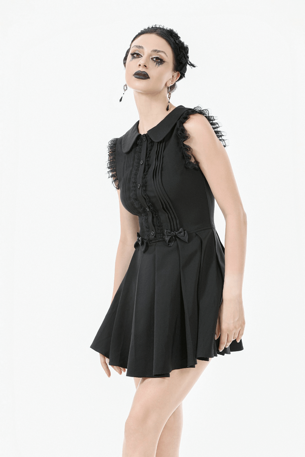 Black Gothic Sleeveless Dress with Lace Trim and Bows
