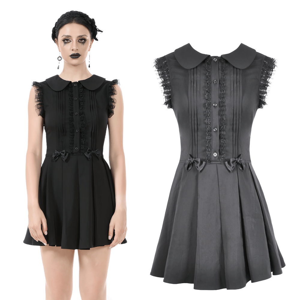 Black Gothic Sleeveless Dress with Lace Trim and Bows