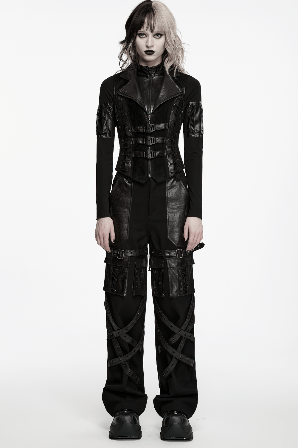 Black Gothic Utility Vest with Buckles and Corset Lacing