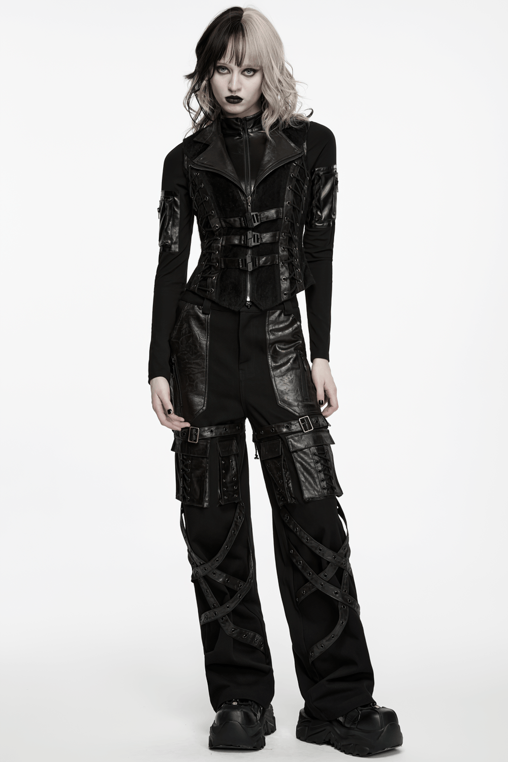 Black Gothic Utility Vest with Buckles and Corset Lacing