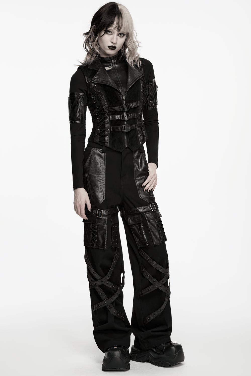 Black Gothic Utility Vest with Buckles and Corset Lacing
