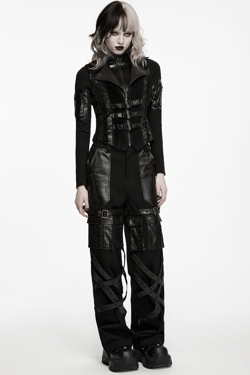 Black Gothic Utility Vest with Buckles and Corset Lacing