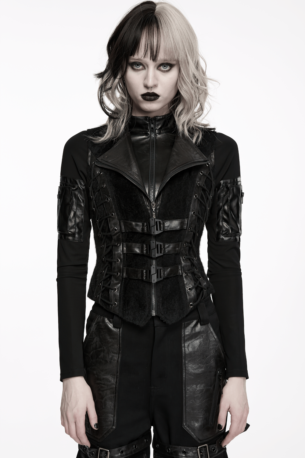 Black Gothic Utility Vest with Buckles and Corset Lacing