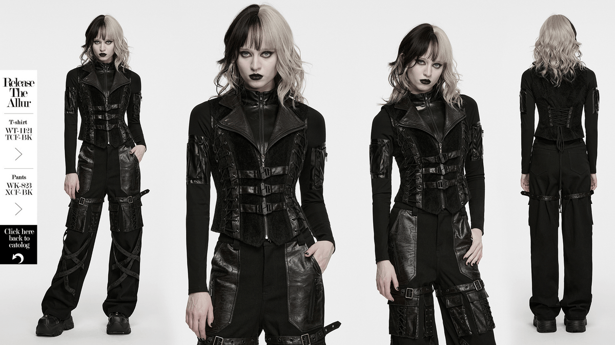 Black Gothic Utility Vest with Buckles and Corset Lacing