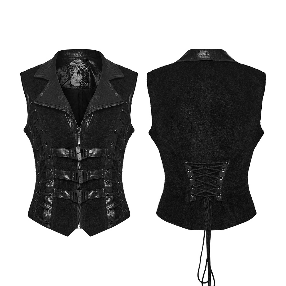 Black Gothic Utility Vest with Buckles and Corset Lacing