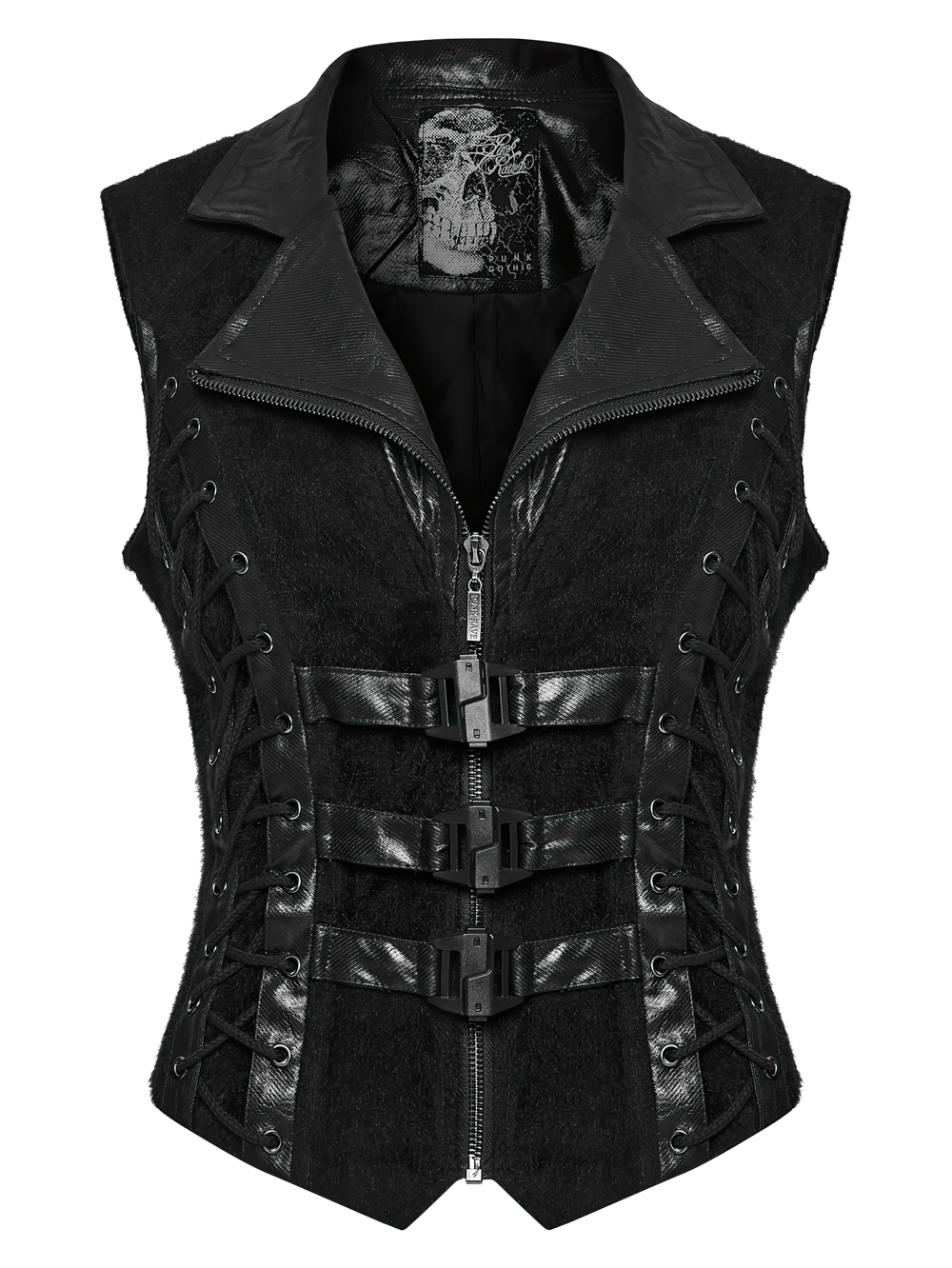 Black Gothic Utility Vest with Buckles and Corset Lacing