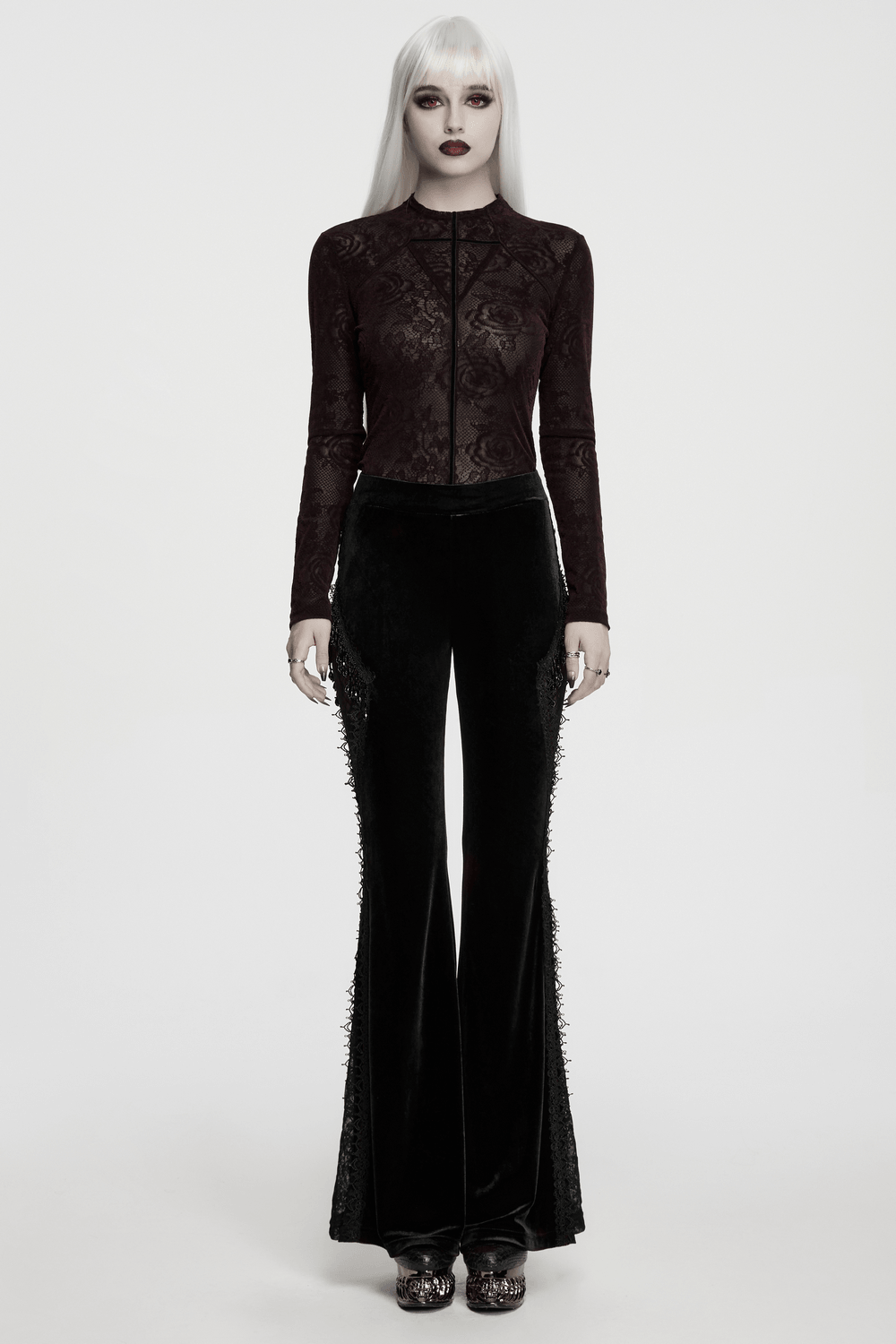 Black Gothic Velvet Flared Pants with Lace Panels