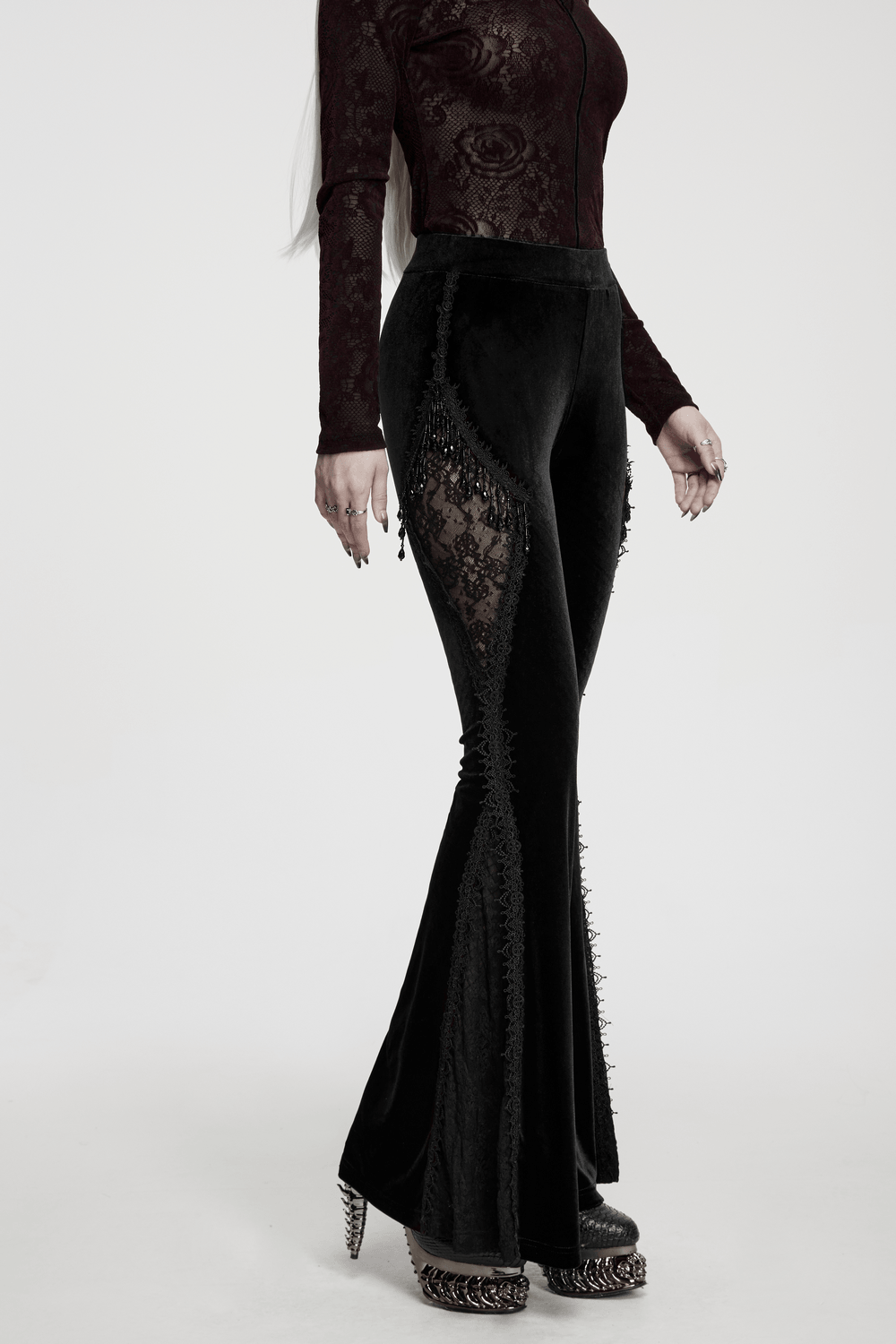 Black Gothic Velvet Flared Pants with Lace Panels