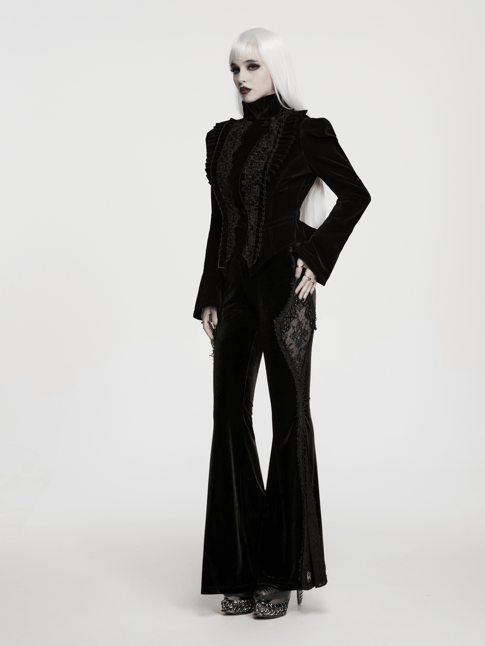 Black Gothic Velvet Flared Pants with Lace Panels
