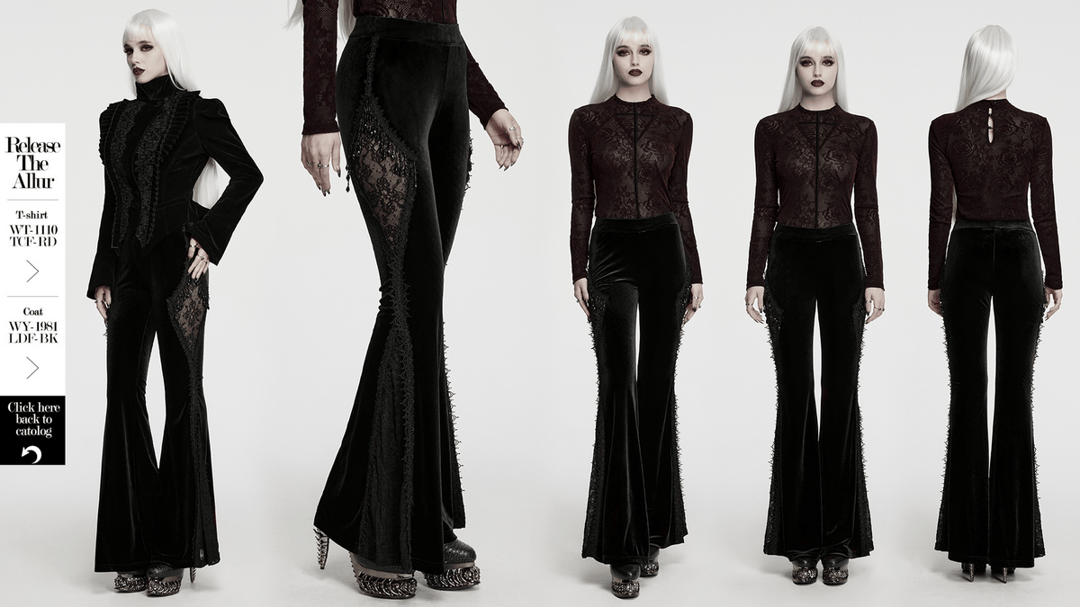 Black Gothic Velvet Flared Pants with Lace Panels