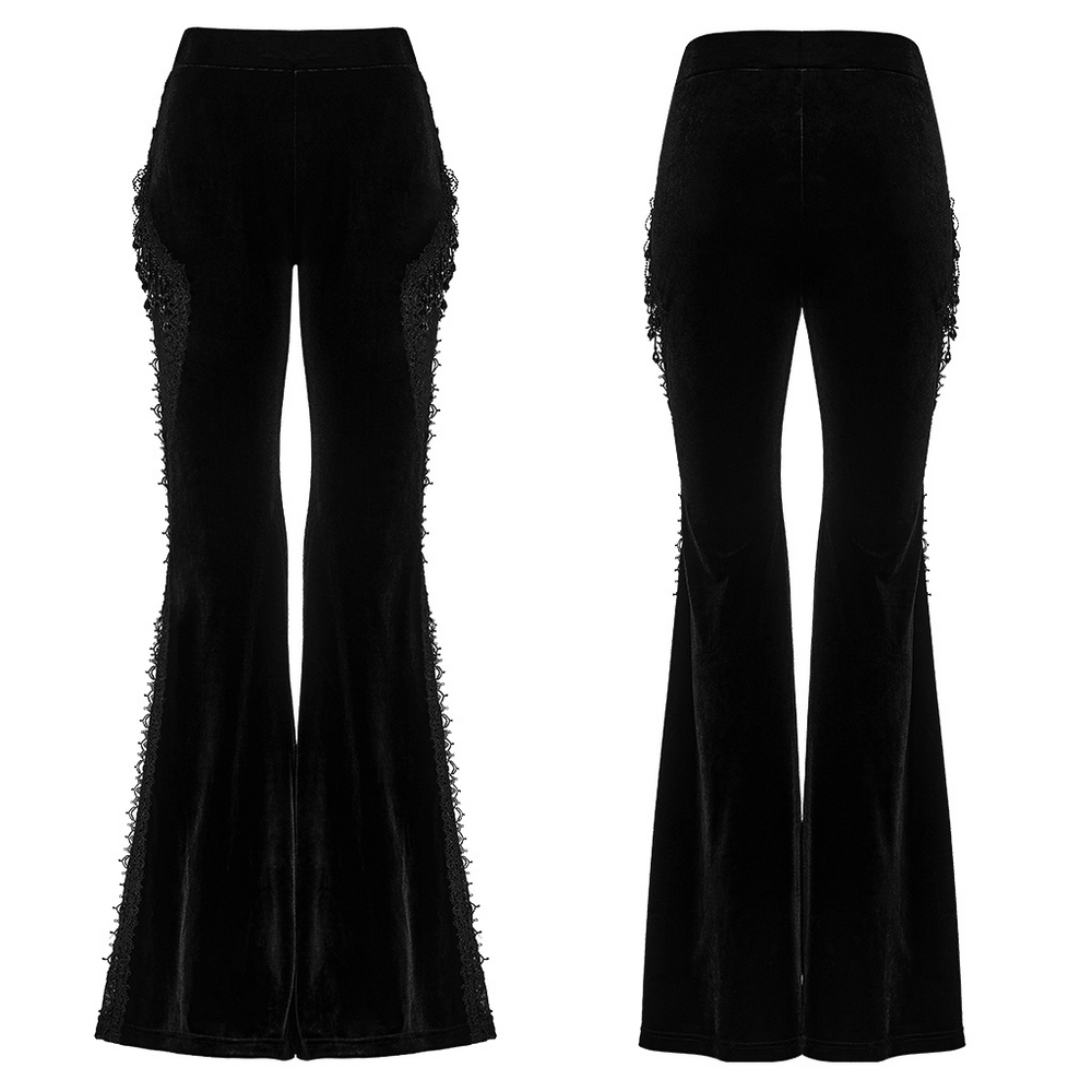 Black Gothic Velvet Flared Pants with Lace Panels