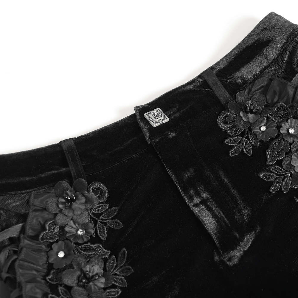 Black Gothic Velvet Shorts With Floral Ruffle Trim