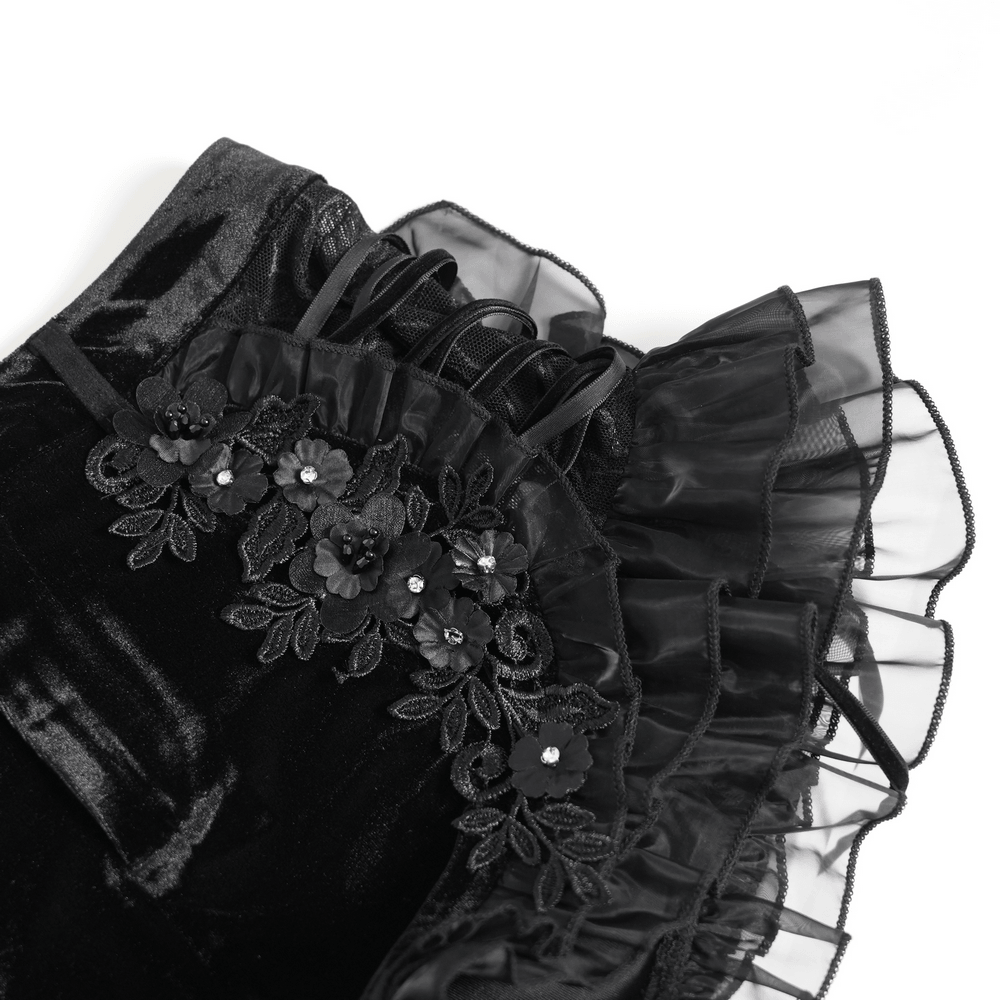 Black Gothic Velvet Shorts With Floral Ruffle Trim