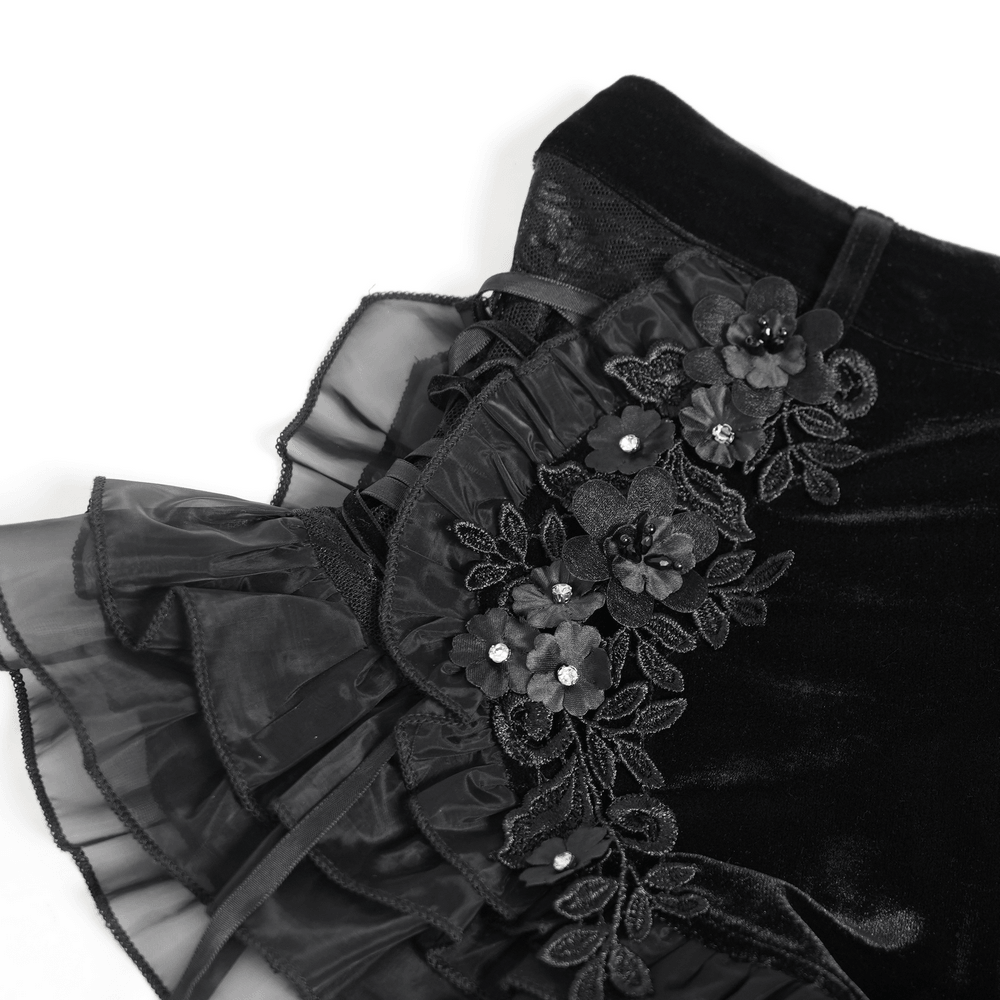 Black Gothic Velvet Shorts With Floral Ruffle Trim