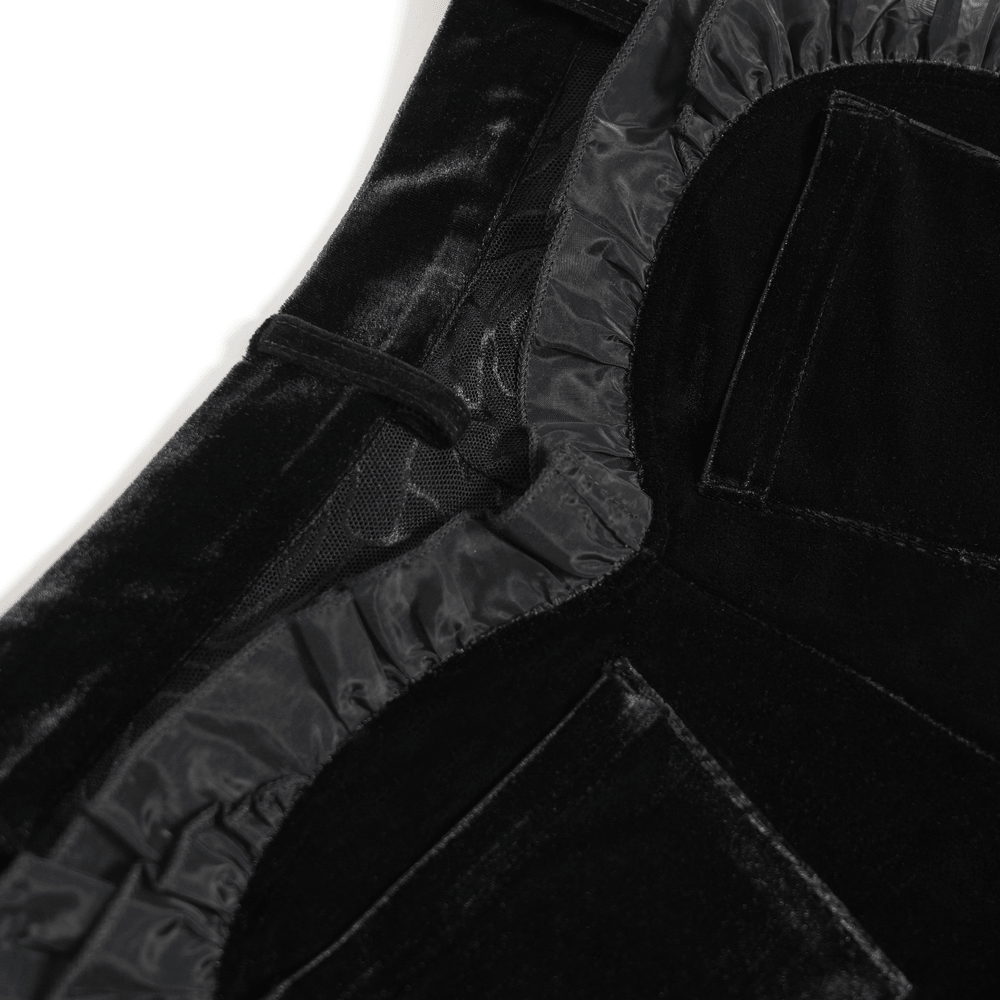 Black Gothic Velvet Shorts With Floral Ruffle Trim