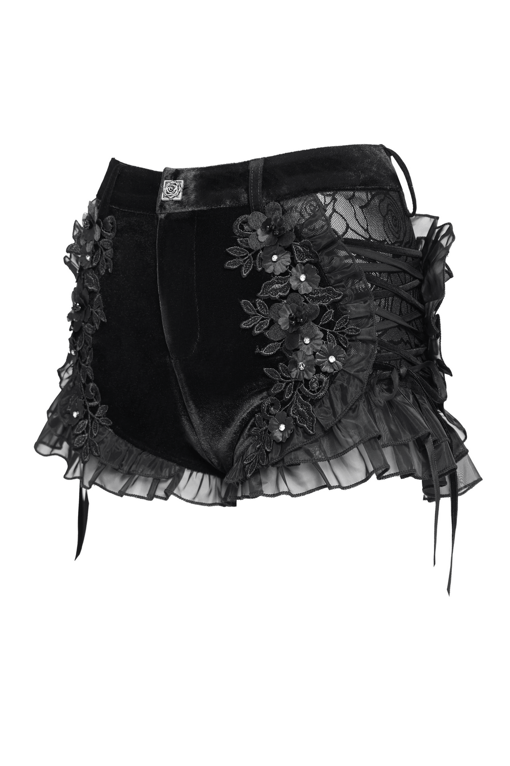 Black Gothic Velvet Shorts With Floral Ruffle Trim