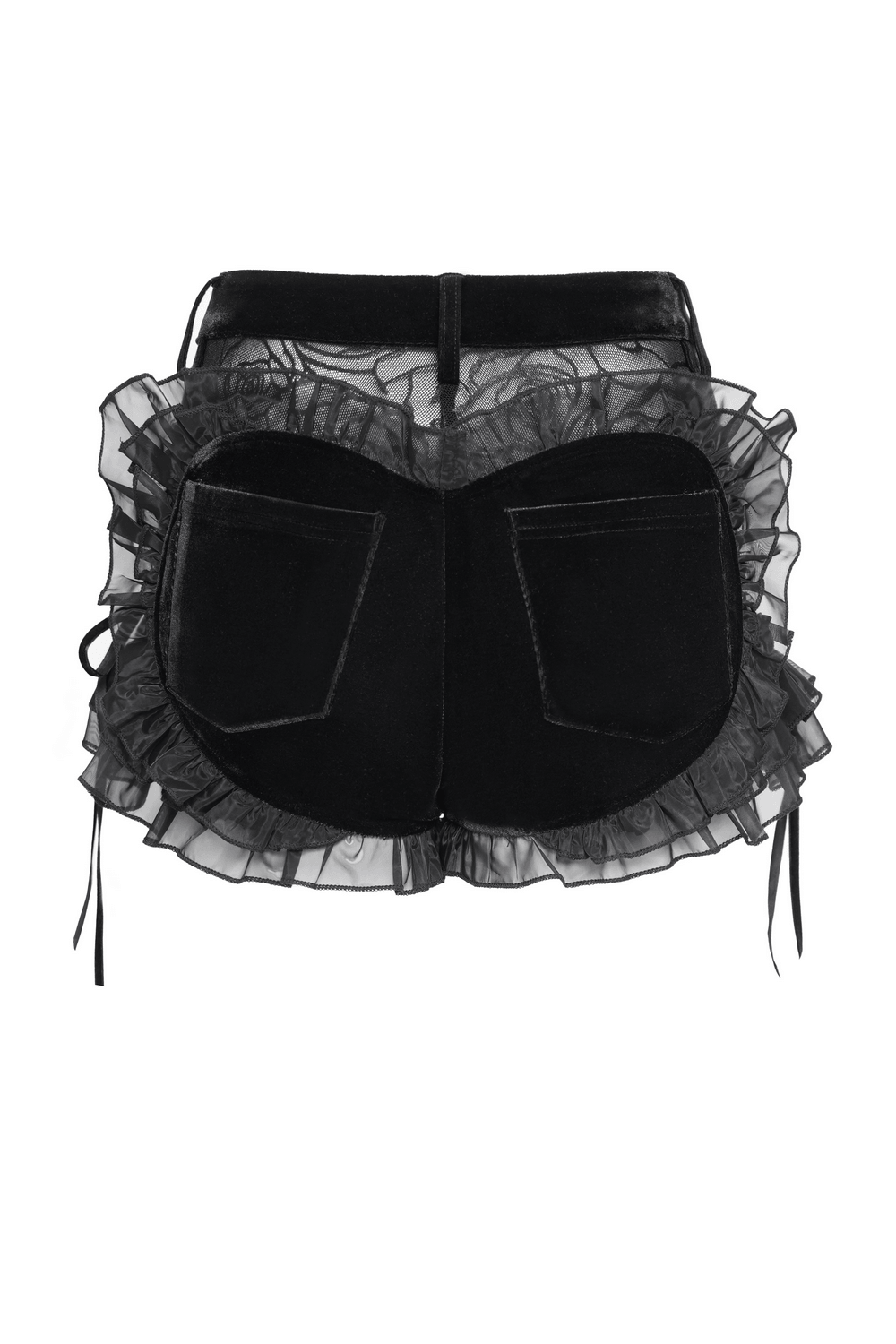 Black Gothic Velvet Shorts With Floral Ruffle Trim