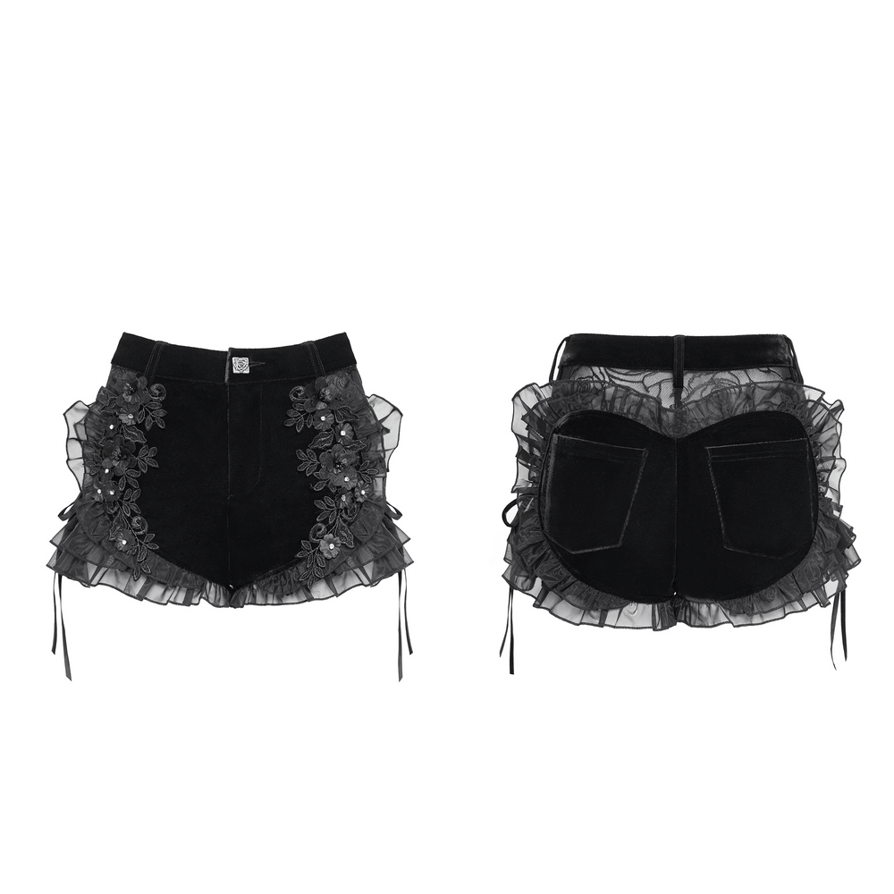 Black Gothic Velvet Shorts With Floral Ruffle Trim