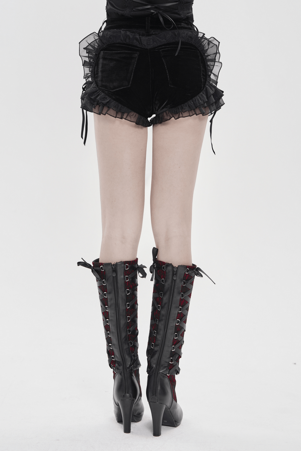 Black Gothic Velvet Shorts With Floral Ruffle Trim