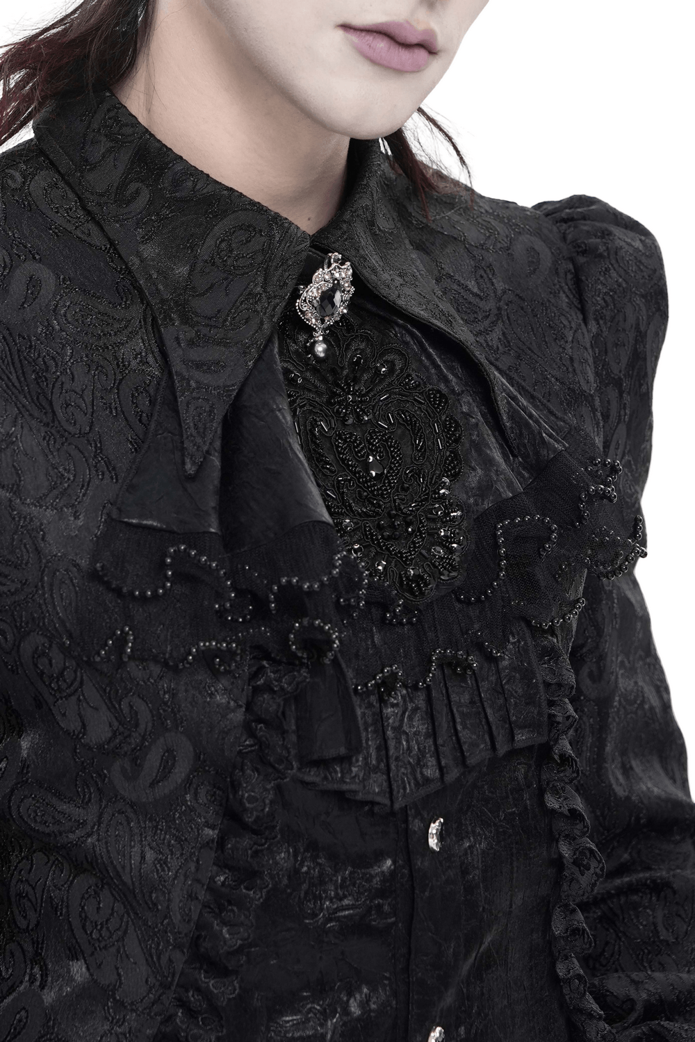 Black Gothic Victorian Jabot Collar With Brooch