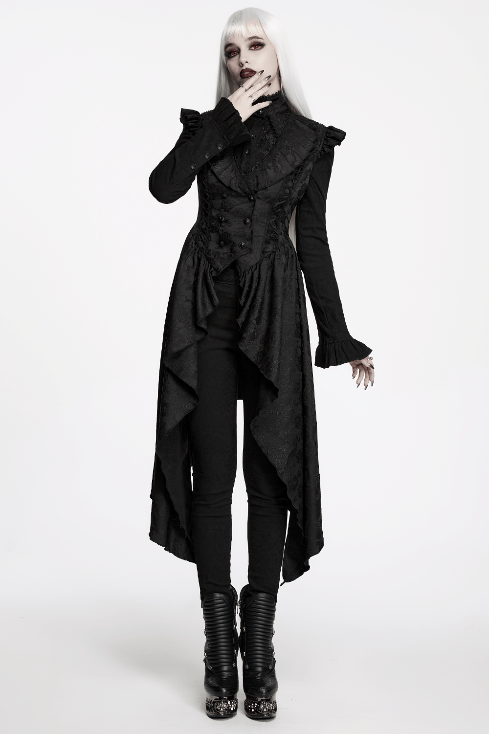 Black Gothic Victorian Tailcoat Vest with Lace Ruffles