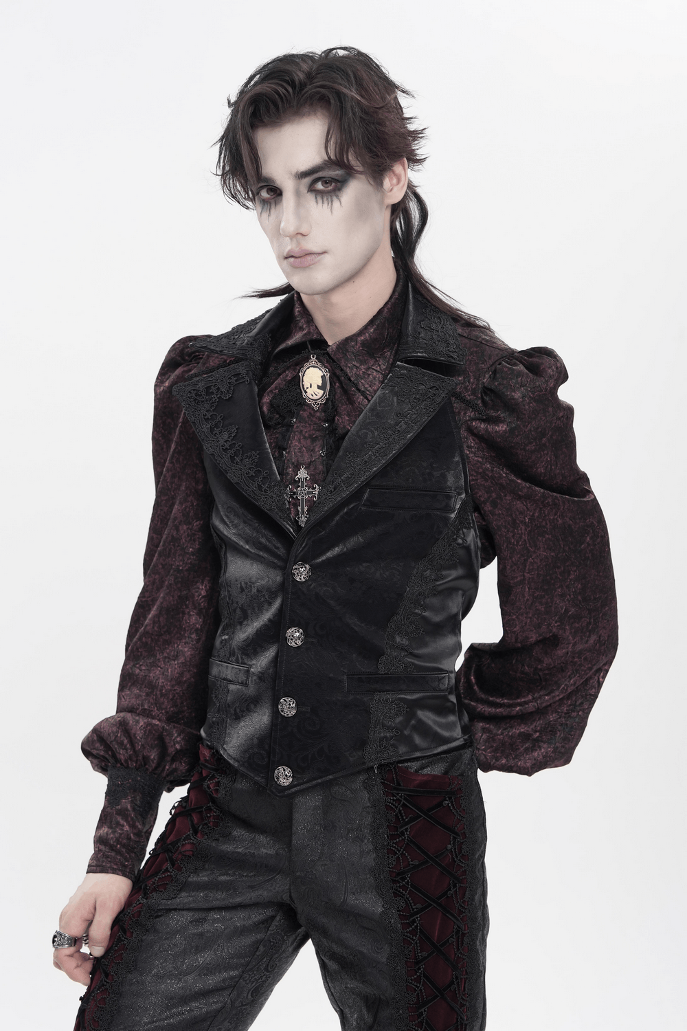 Black Gothic Waistcoat With Lace Lapel and Buttons