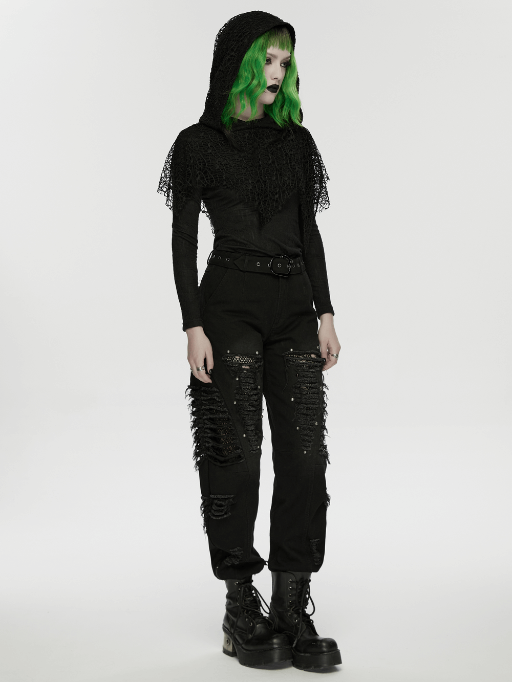 Black Hooded Mesh Overlay Wasteland Punk Top