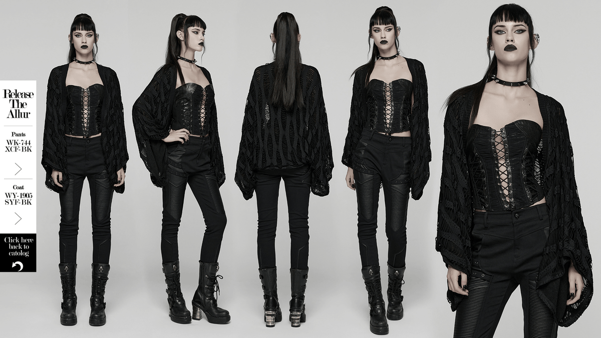 Black Knit Punk Cardigan with Ragged Loose Sleeve Design