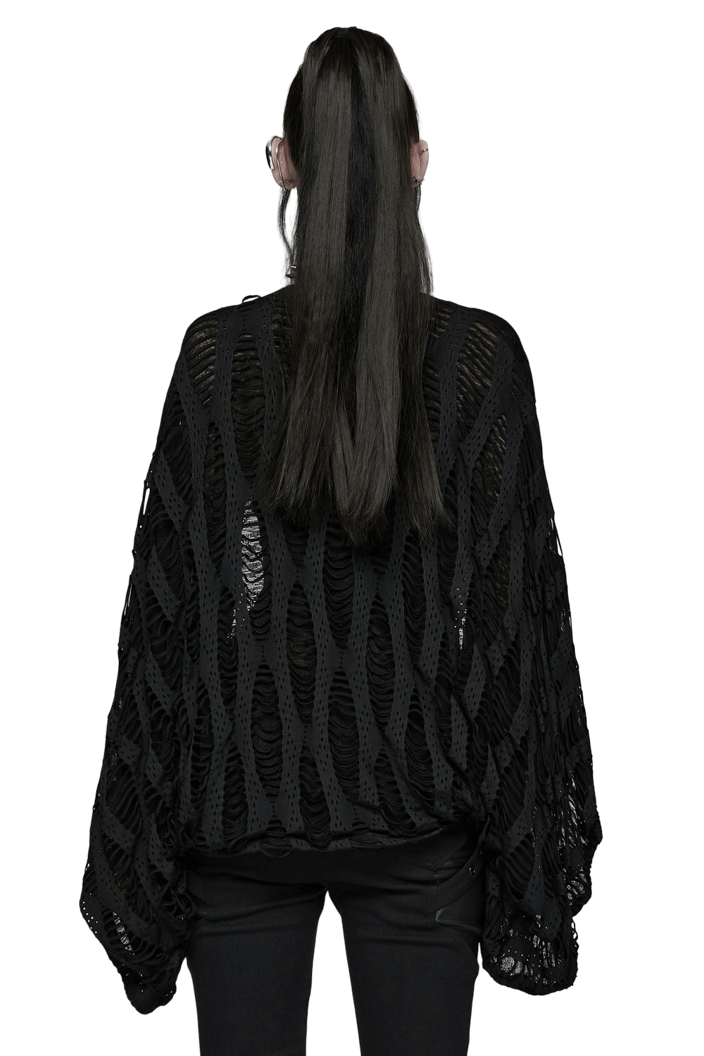 Black Knit Punk Cardigan with Ragged Loose Sleeve Design