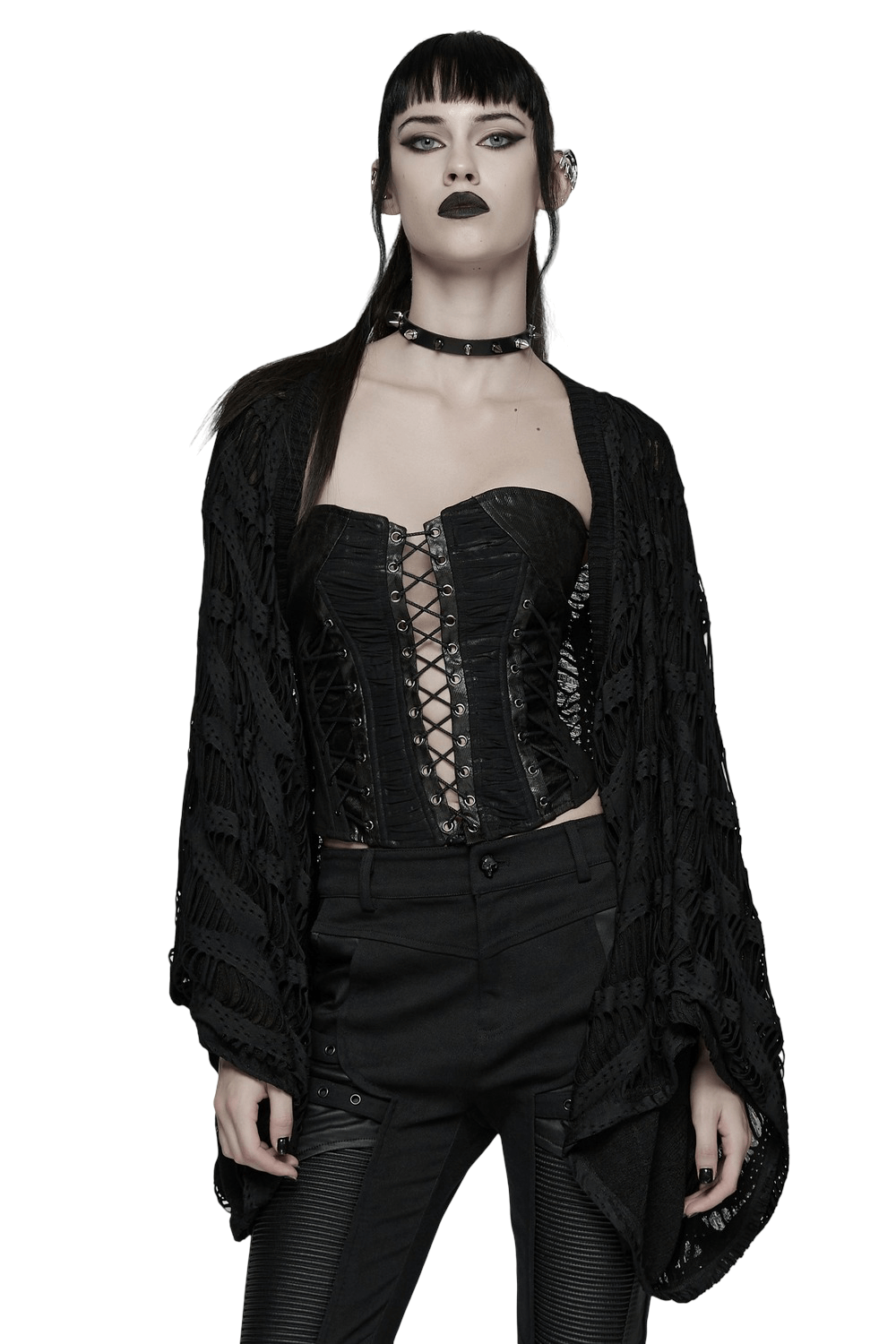 Black Knit Punk Cardigan with Ragged Loose Sleeve Design