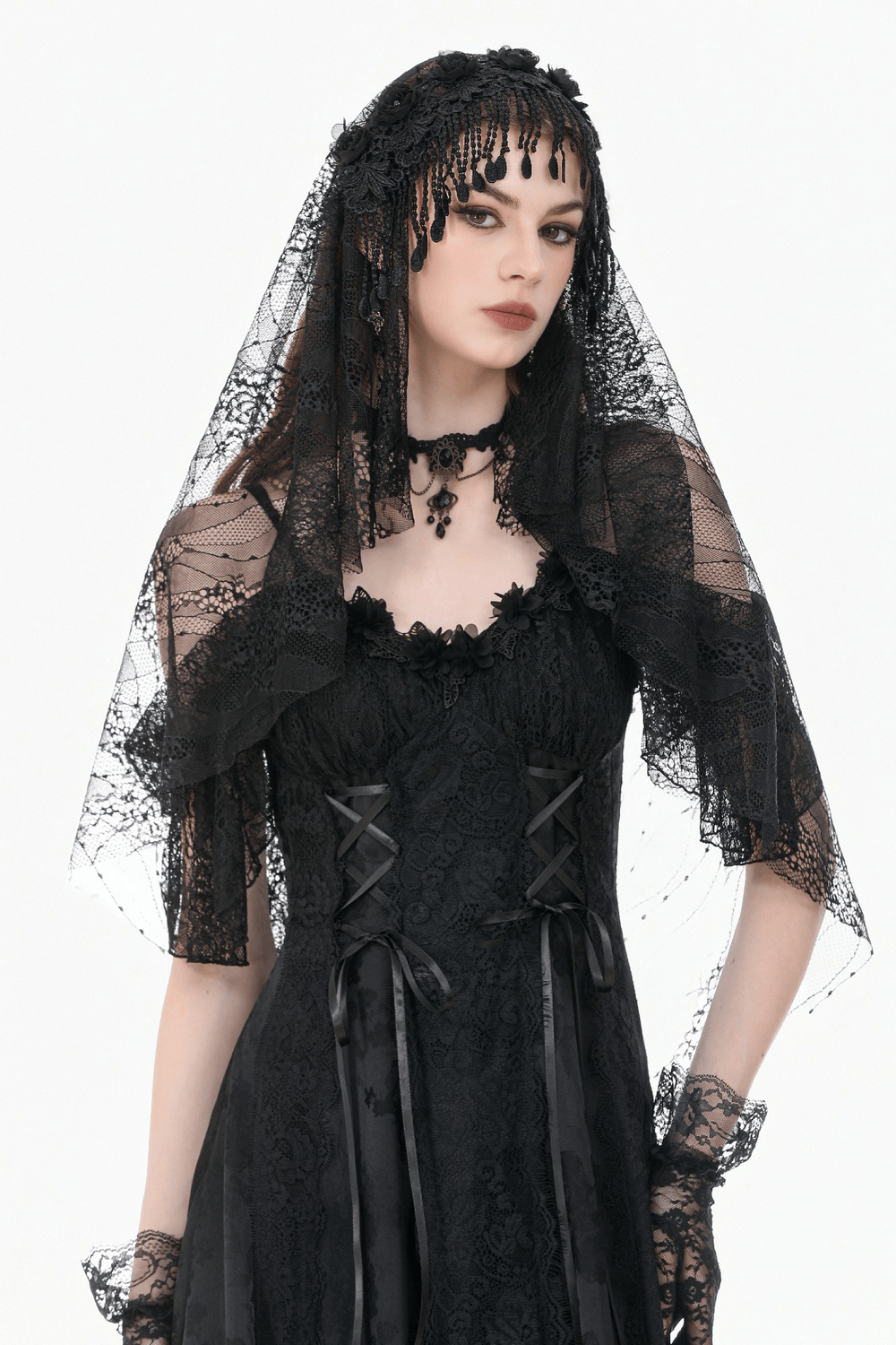 Black Lace Bridal Veil with Beaded Fringe Headpiece