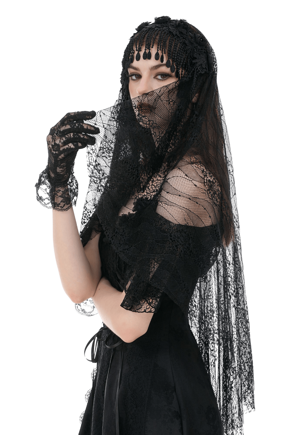 Black Lace Bridal Veil with Beaded Fringe Headpiece