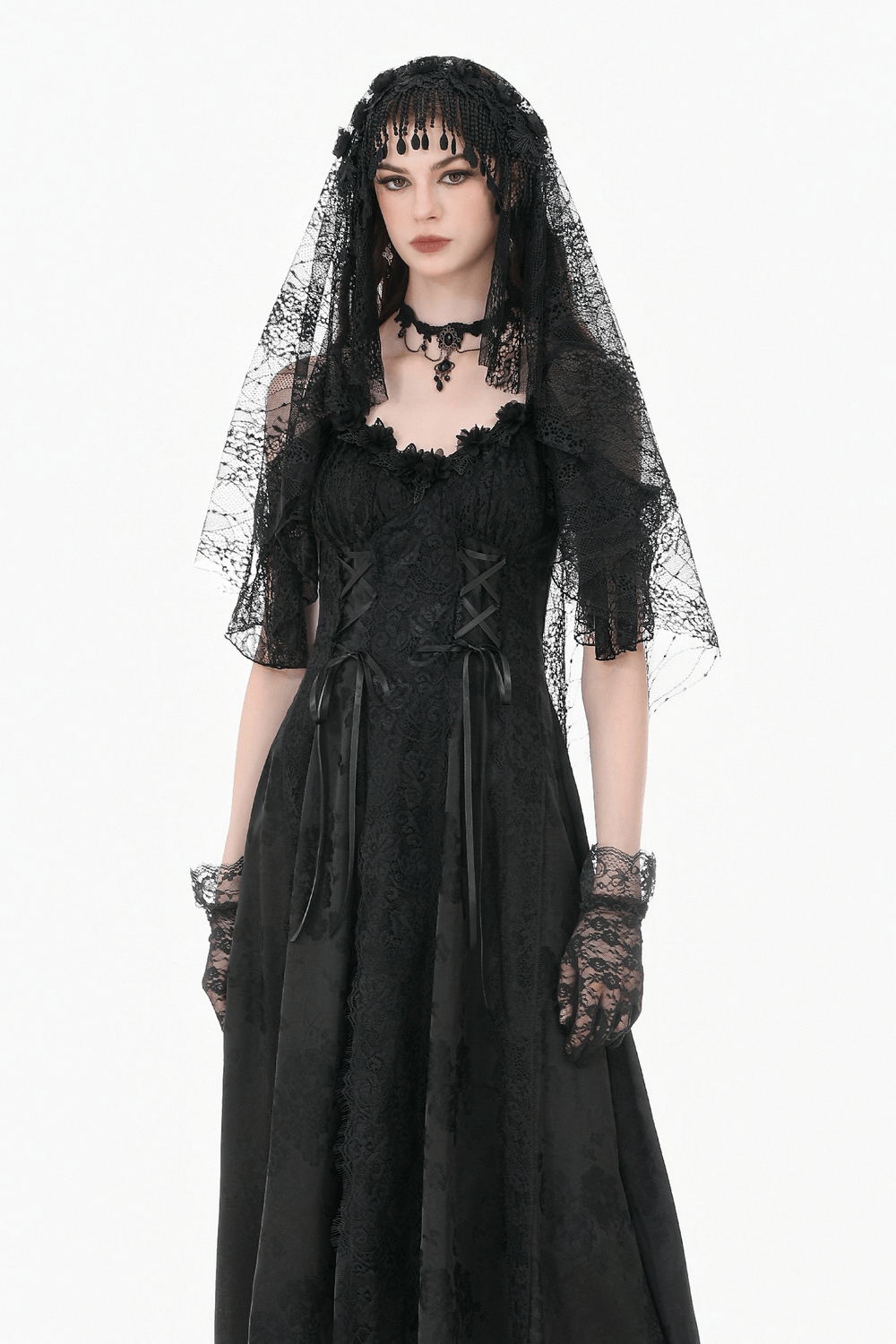 Black Lace Bridal Veil with Beaded Fringe Headpiece