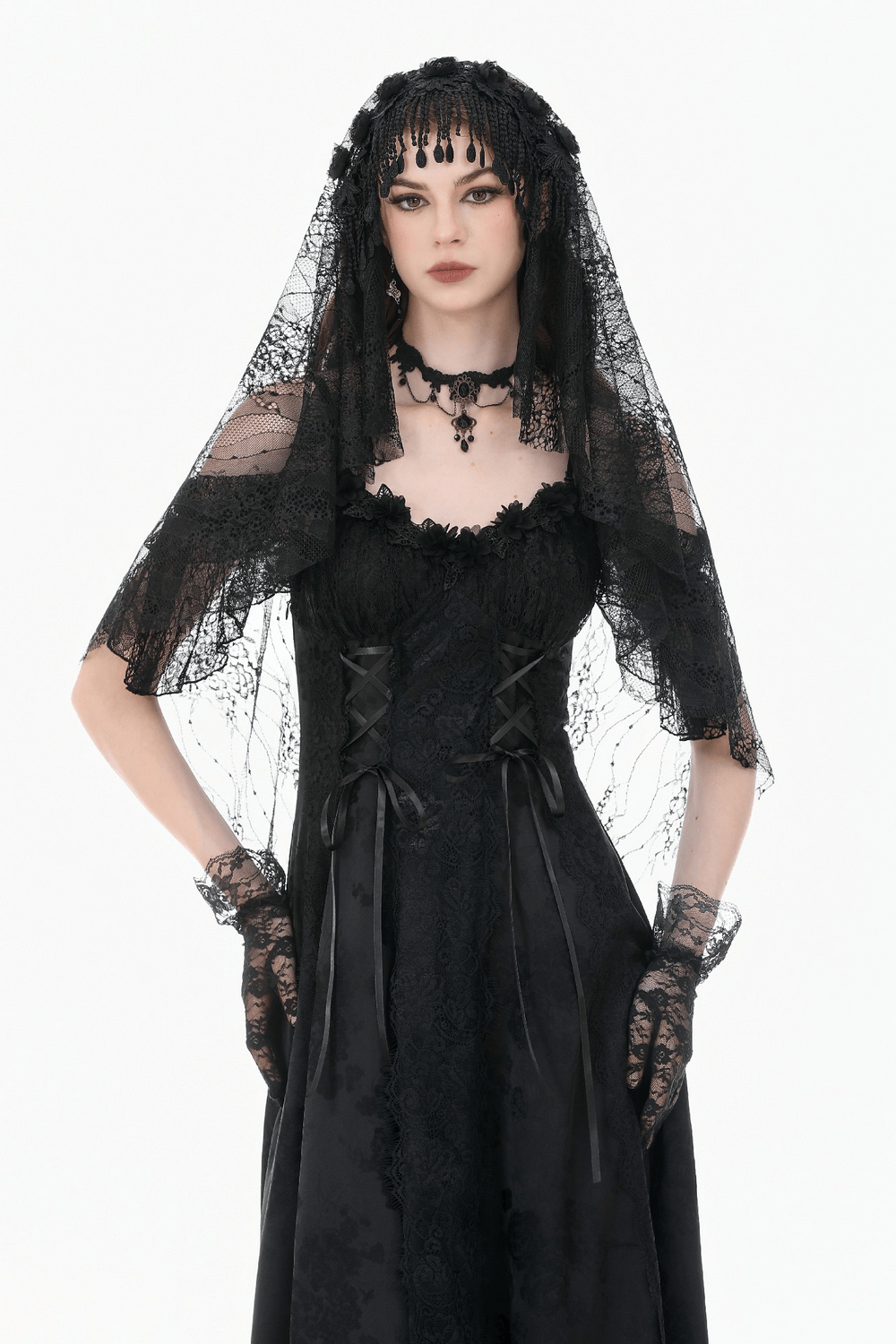 Black Lace Bridal Veil with Beaded Fringe Headpiece