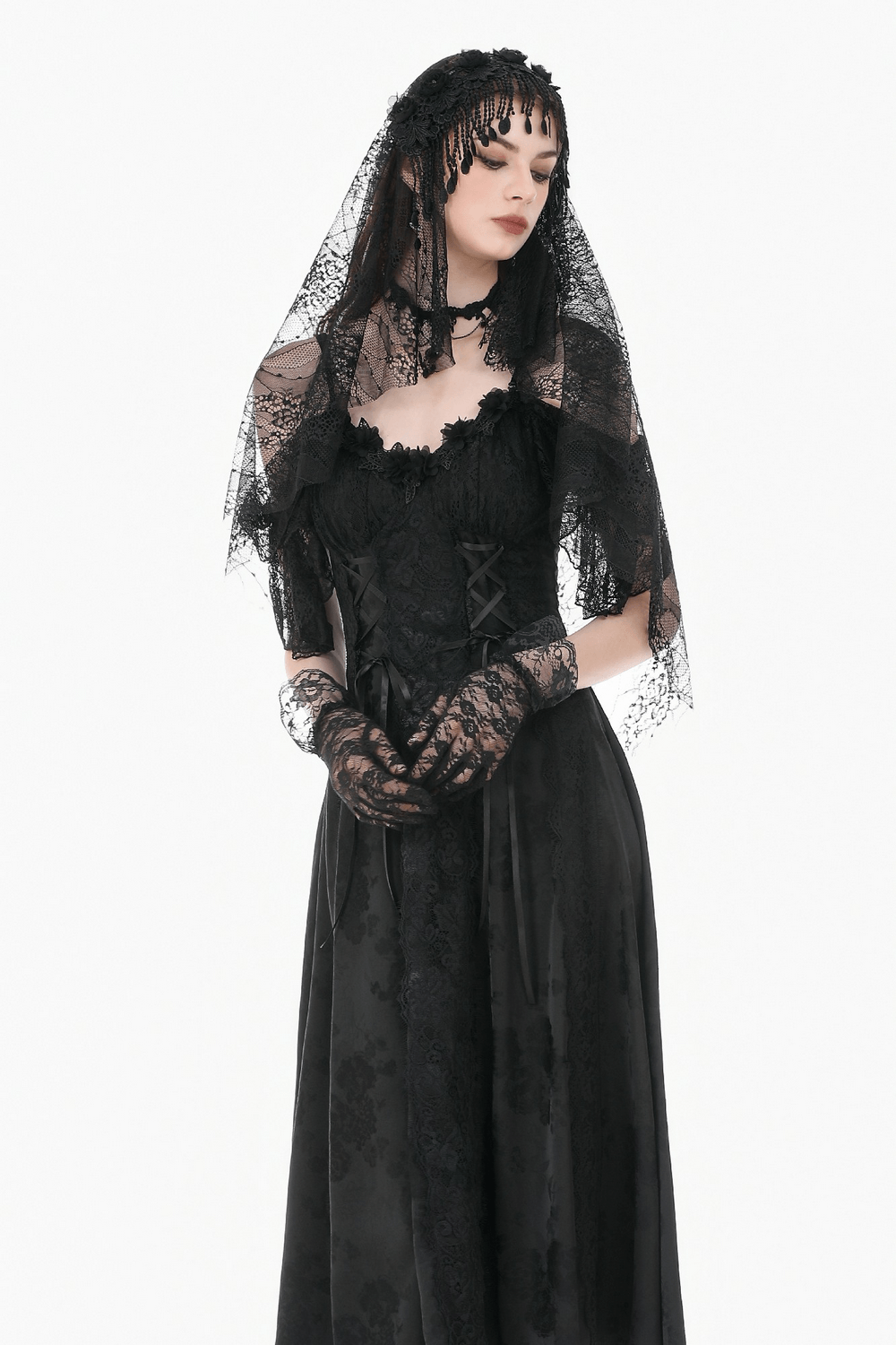 Black Lace Bridal Veil with Beaded Fringe Headpiece
