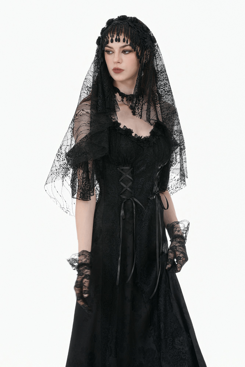 Black Lace Bridal Veil with Beaded Fringe Headpiece