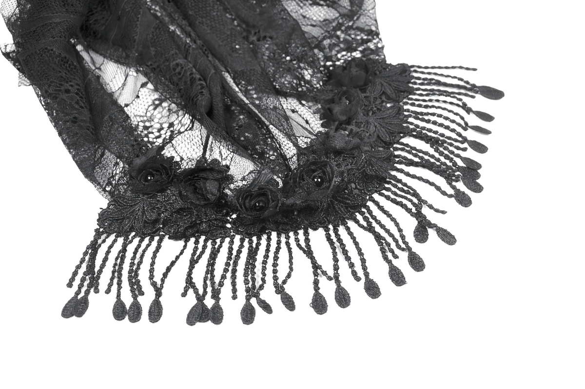 Black Lace Bridal Veil with Beaded Fringe Headpiece