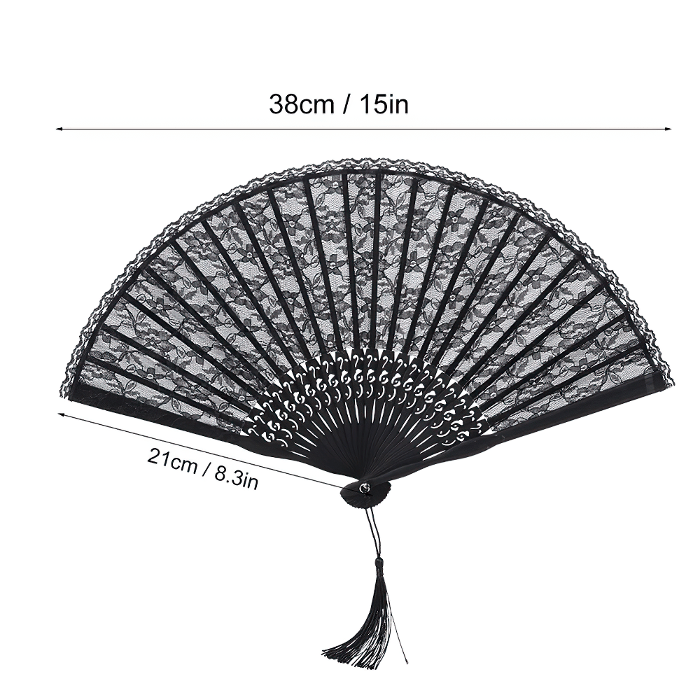 Black Lace Folding Fan with Vintage Gothic Details