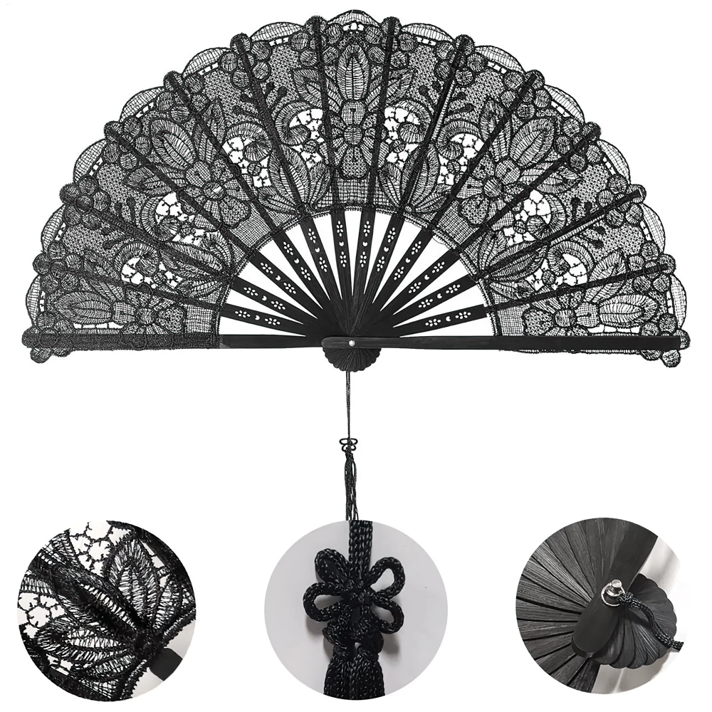 Black Lace Folding Hand Fan with Floral Gothic Detail