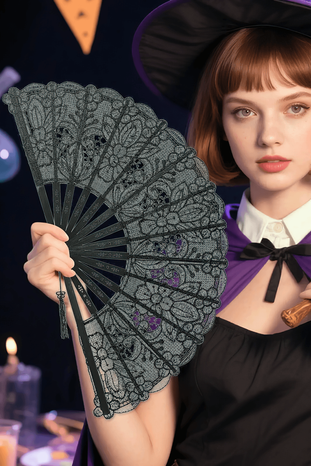 Black Lace Folding Hand Fan with Floral Gothic Detail