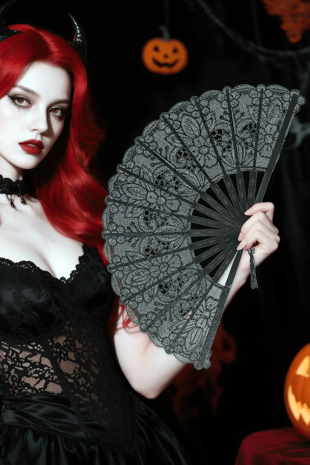Black Lace Folding Hand Fan with Floral Gothic Detail