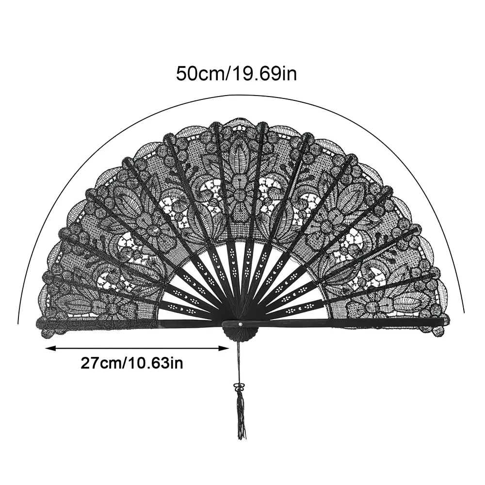 Black Lace Folding Hand Fan with Floral Gothic Detail
