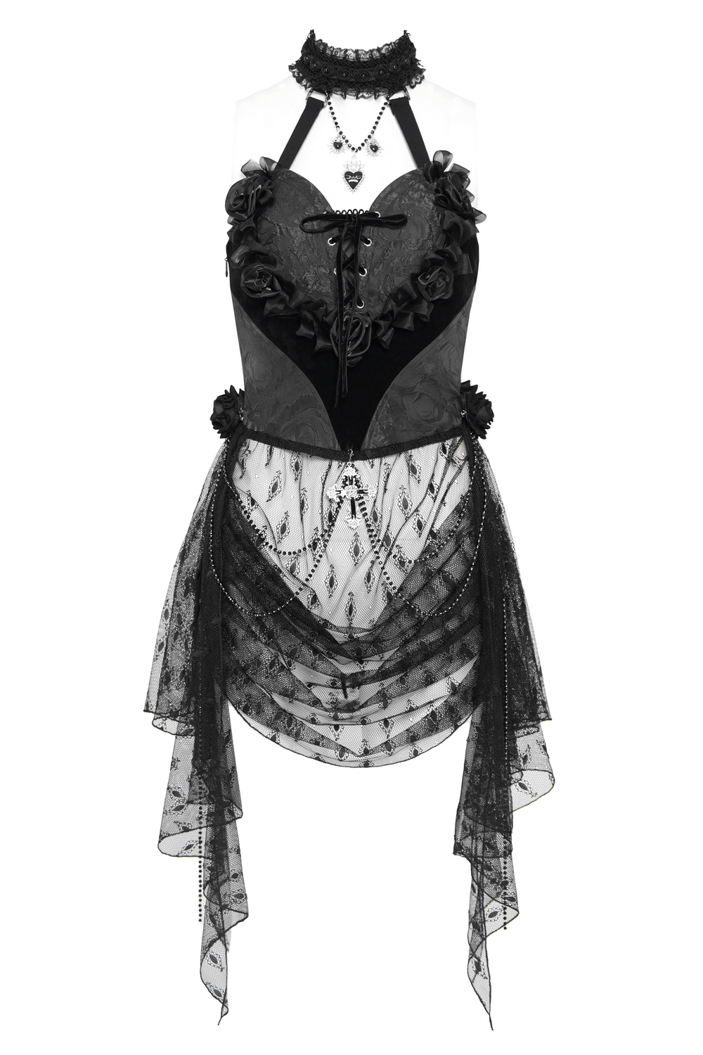 Black Lace Gothic Halterneck Top with Roses and Chains