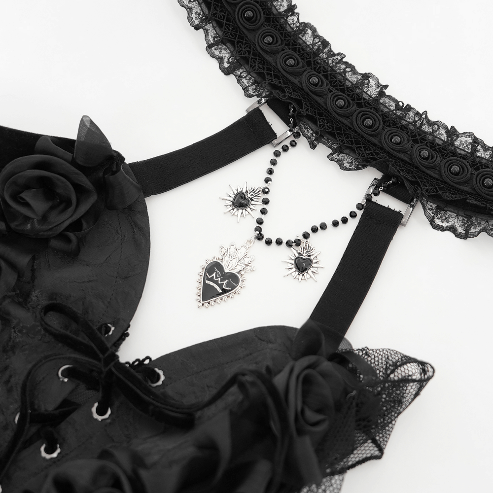 Black Lace Gothic Halterneck Top with Roses and Chains