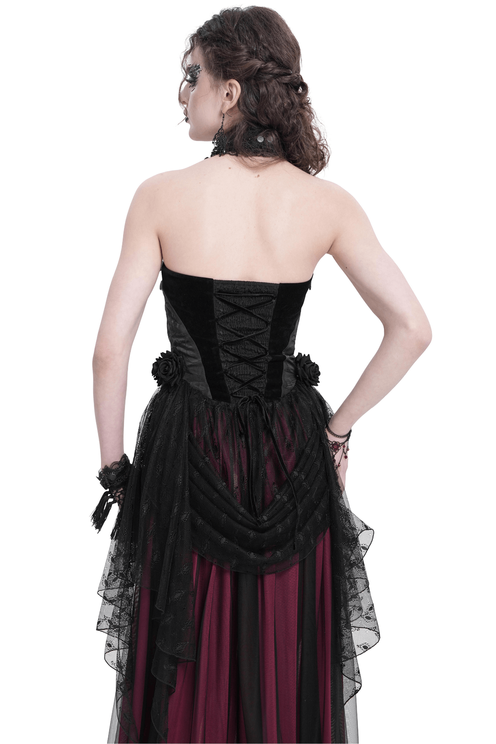 Black Lace Gothic Halterneck Top with Roses and Chains