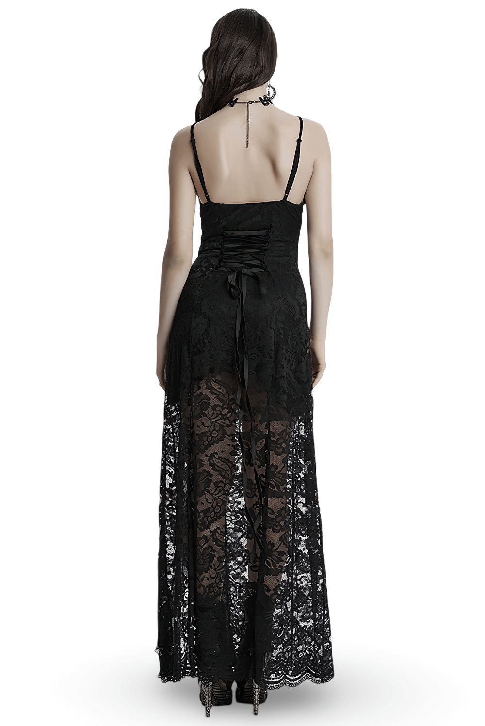 Black Lace Gothic Maxi Dress with High Slit and Corset Back