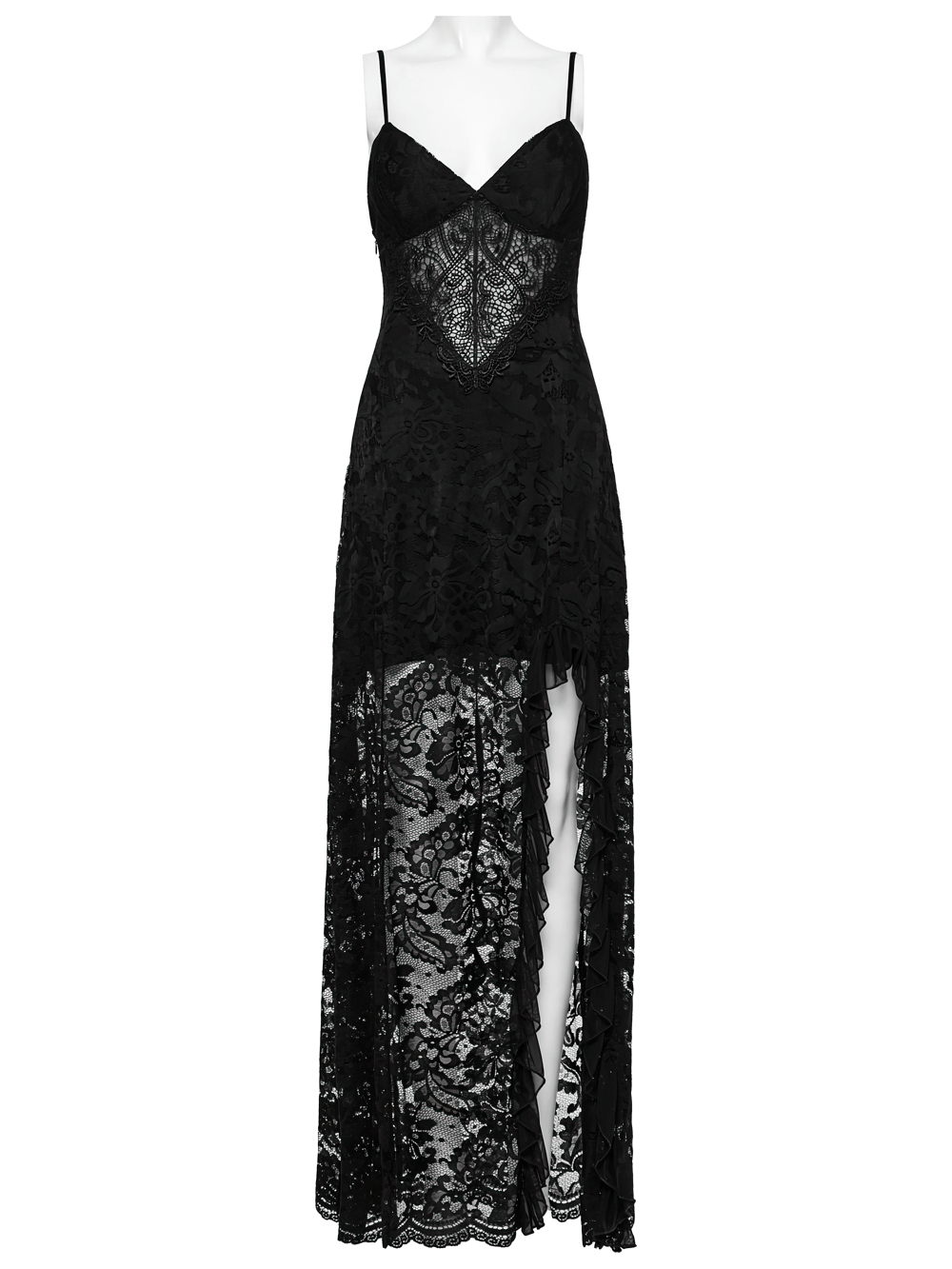 Black Lace Gothic Maxi Dress with High Slit and Corset Back