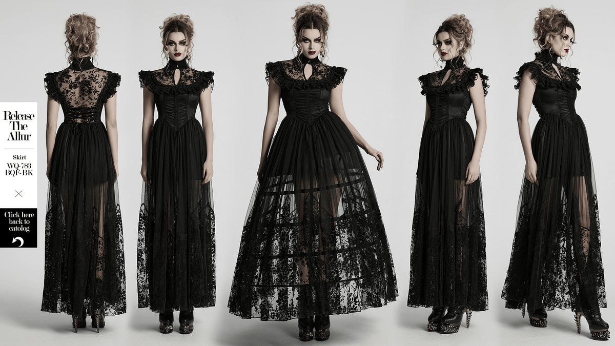 Black Lace Gothic Mesh Dress with Ruffle Sleeves