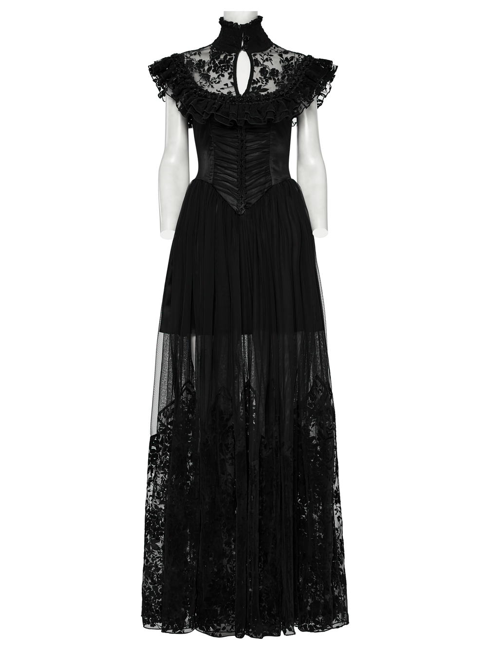 Black Lace Gothic Mesh Dress with Ruffle Sleeves